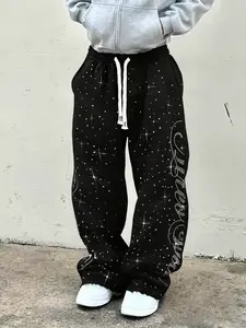 Men's Street Style Wide Leg Casual Sweatpants, Unique Galaxy Rhinestone Design, Loose Fit, Elastic Waist, All Seasons Wear, Casual Streetwear Trousers