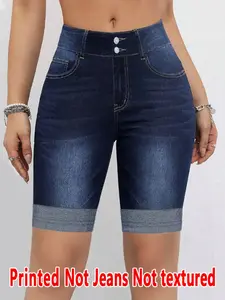 Women's Printed Skinny Pants, Slim, Fit, Non-Denim Fabric, Five-Pocket Shorts, Imitation Denim Print, Four-Season Wearable Bottoms