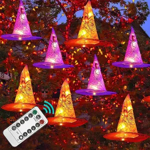 Halloween Decoration Lights, 8 PCS Waterproof Hanging Witch Hat with String Lights with Remote, Hanging Halloween Decorations for Indoor Outdoor Garden Yard Party Decor