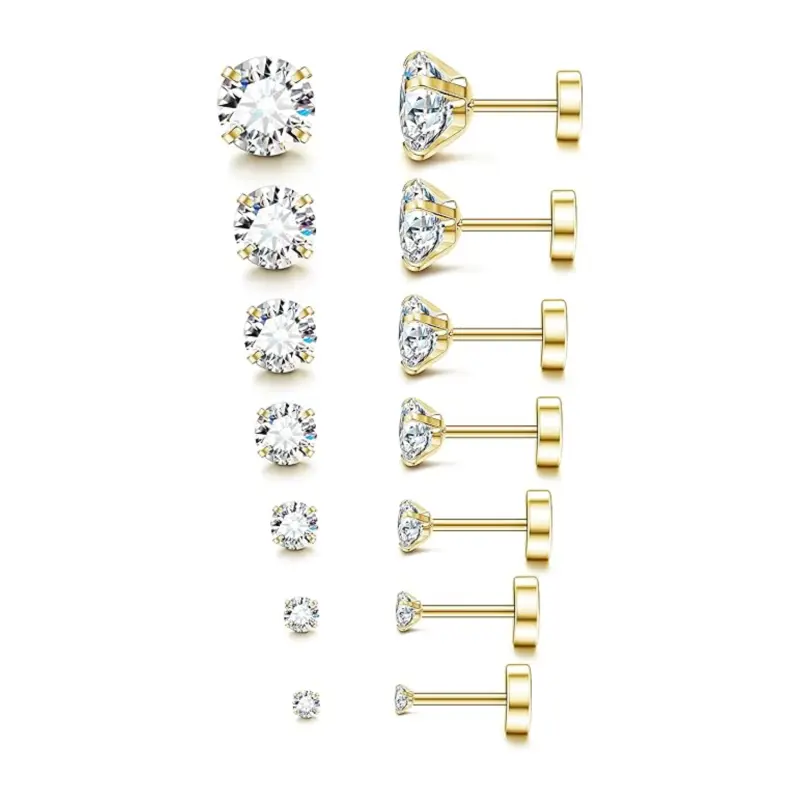 7-Pair Piercing Set! 14K Gold/Silver Flat Back Studs | Surgical Steel CZ Cartilage Earrings | Perfect Gift for Sensitive Ears