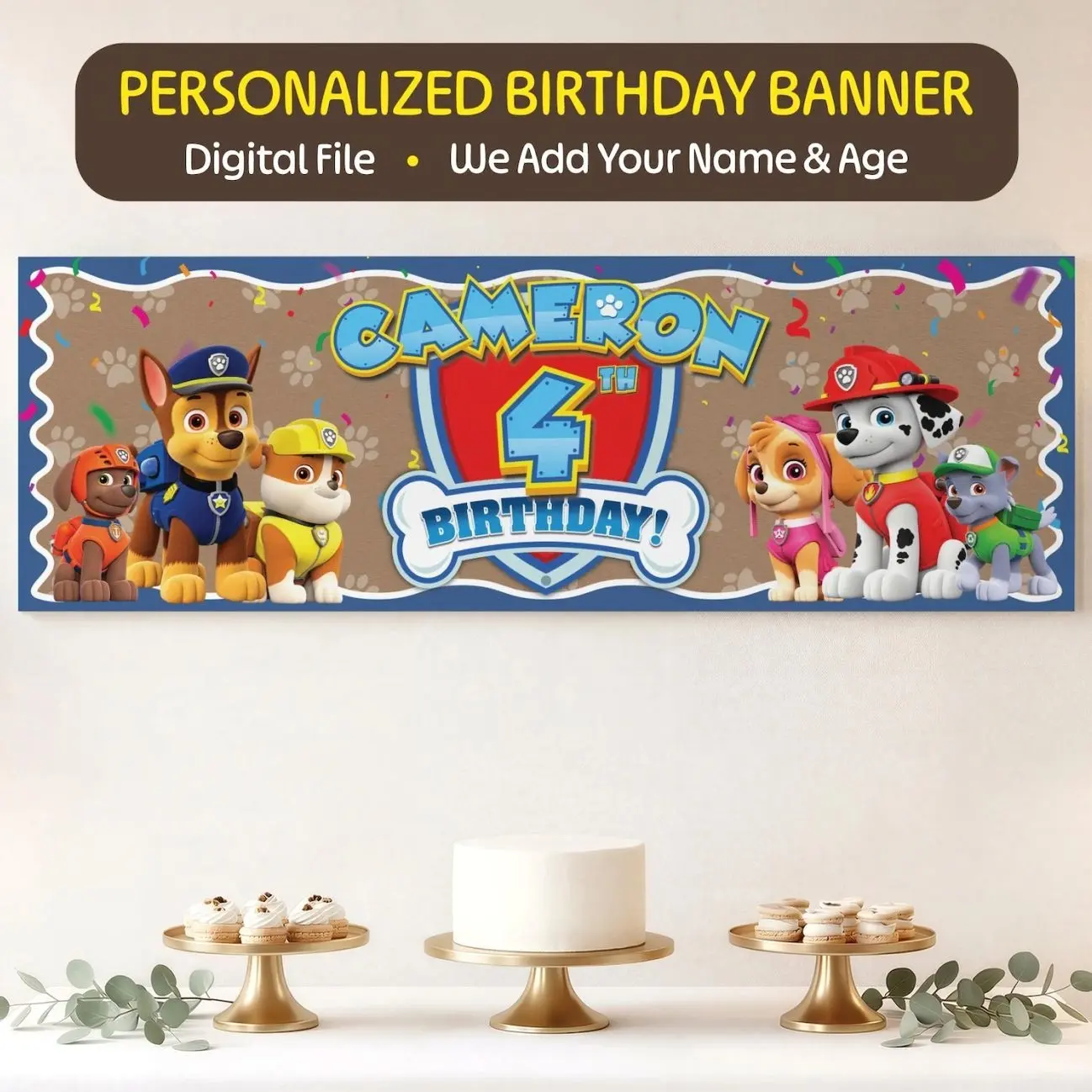 Personalized PAW Patrol Birthday Banner, Printable Party Backdrop