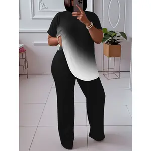 [Elegant Plus Size Set] 2pcs Women's Plus Size Ombre Print Set - Elegant Crew Neck Long Sleeve Top And Straight Leg Pants, 95% Polyester 5% Spandex, Medium Stretch Knit Fabric, Machine Washable