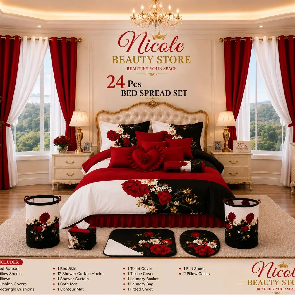 Nicole Luxury 24PCS Complete Floral Bedding & Bathroom Collection – Premium Home Decor Set