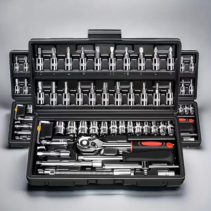 High-quality 46-piece set of tools, suitable for car and bicycle maintenance. Includes a set of standard drive deep wrenches, automotive component repair ratchet wrenches, and various other automotive tools. Can be used as a Christmas gift.