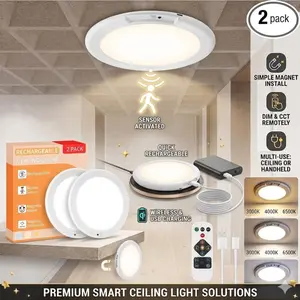 Wireless Motion Sensor Ceiling Light (2 Pack) - Ultra Bright Rechargeable Closet Light with Remote, No Wiring Needed for Hallway Pantry Stairs, Magnetic Battery Powered Lamp