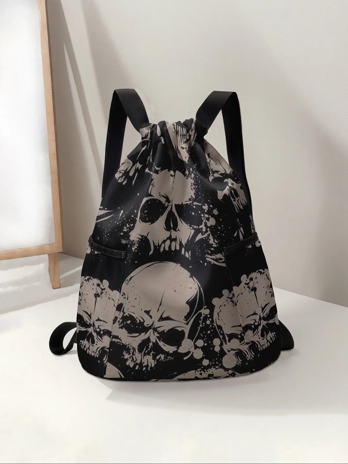 Skull Print Drawstring Backpack, Large Capacity Durable Gym Bag, Athletic Bag, Outdoor Sports Bag, Workout Sport Bags, Adjustable Shoulder Straps, Casual Sports Beach Bag for Men & Women