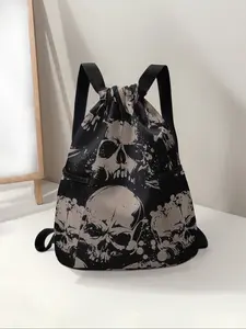 Skull Print Drawstring Backpack, Large Capacity Durable Gym Bag, Athletic Bag, Outdoor Sports Bag, Adjustable Shoulder Straps, Casual Sports Beach Bag for Men & Women