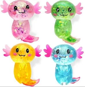 Cute Axolotl Squishy Toys, Glitter Stretchy Squeeze Fidget Toys, Assorted Color Sensory Toys for Kids and adults, Birthday Party Favors