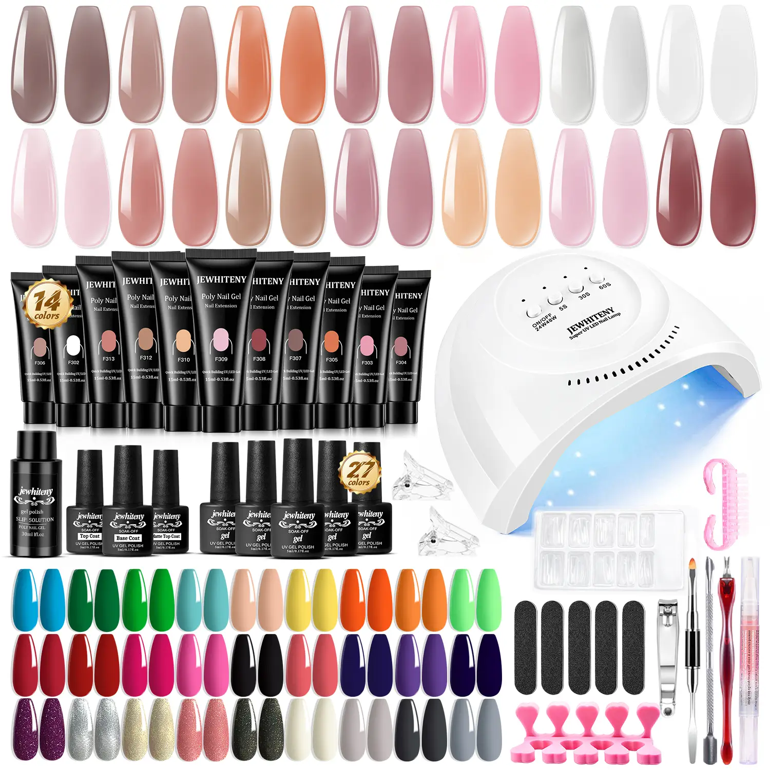 JEWHITENY 27 Colors Gel Nail Polish Kit 14 Colors Poly Gel Nail Kit With U V Light Suitable for all year round, diy nail art at home, gifts for women