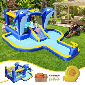 8-in-1 Inflatable Water Park Bounce House for Kids, Outdoor Backyard Bouncy Castle with Water Slide, Trampoline, Dolphin Sprinkler, Water Gun, Target Games & Basketball Hoop, Includes ETL Certified Blower