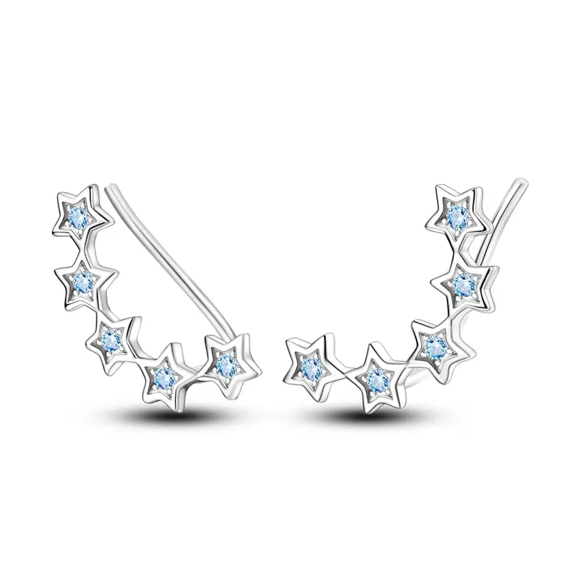 Star CZ Ear Climber Earrings 925 Sterling Silver, Blue CZ Paved Star Crawler Design For Summer Vacation/Beach/4th of July/Birthday