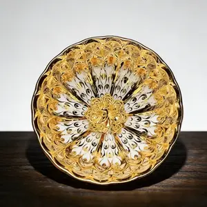 Kiln-Glaze 3D Golden Peacock Porcelain Teacup, Hand-Inlaid Rivet Iridescent Gilded Bowl, One-Piece Molding No Glue, Gift Box with Stand, Glossy Full-Color for Coffee & Water, Ideal Desktop Decor & Holiday Gift, Ornament, Craft Item