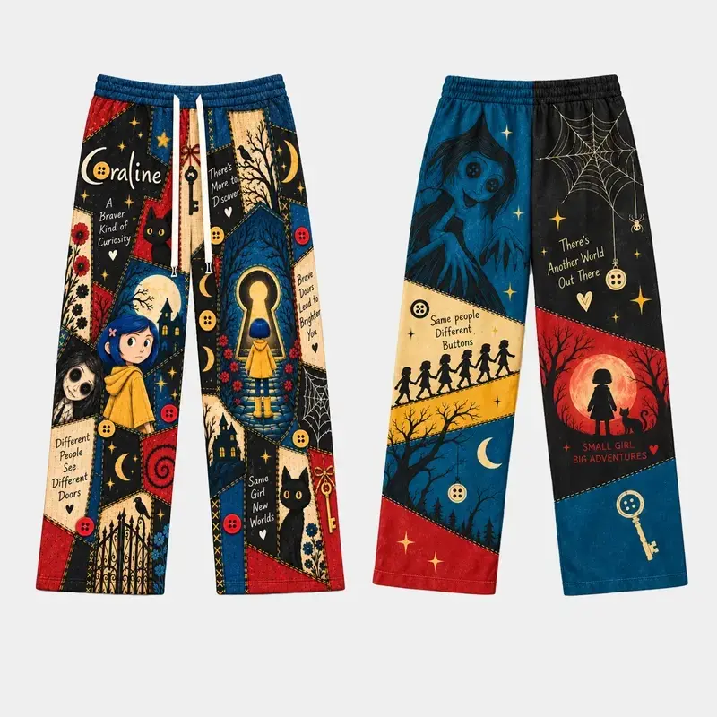 Button Eye Horror All-Over Print Sweatpants, Gothic Cartoon Graphic Jogger Pants, Dark Fantasy Patchwork Trousers, Unisex Streetwear