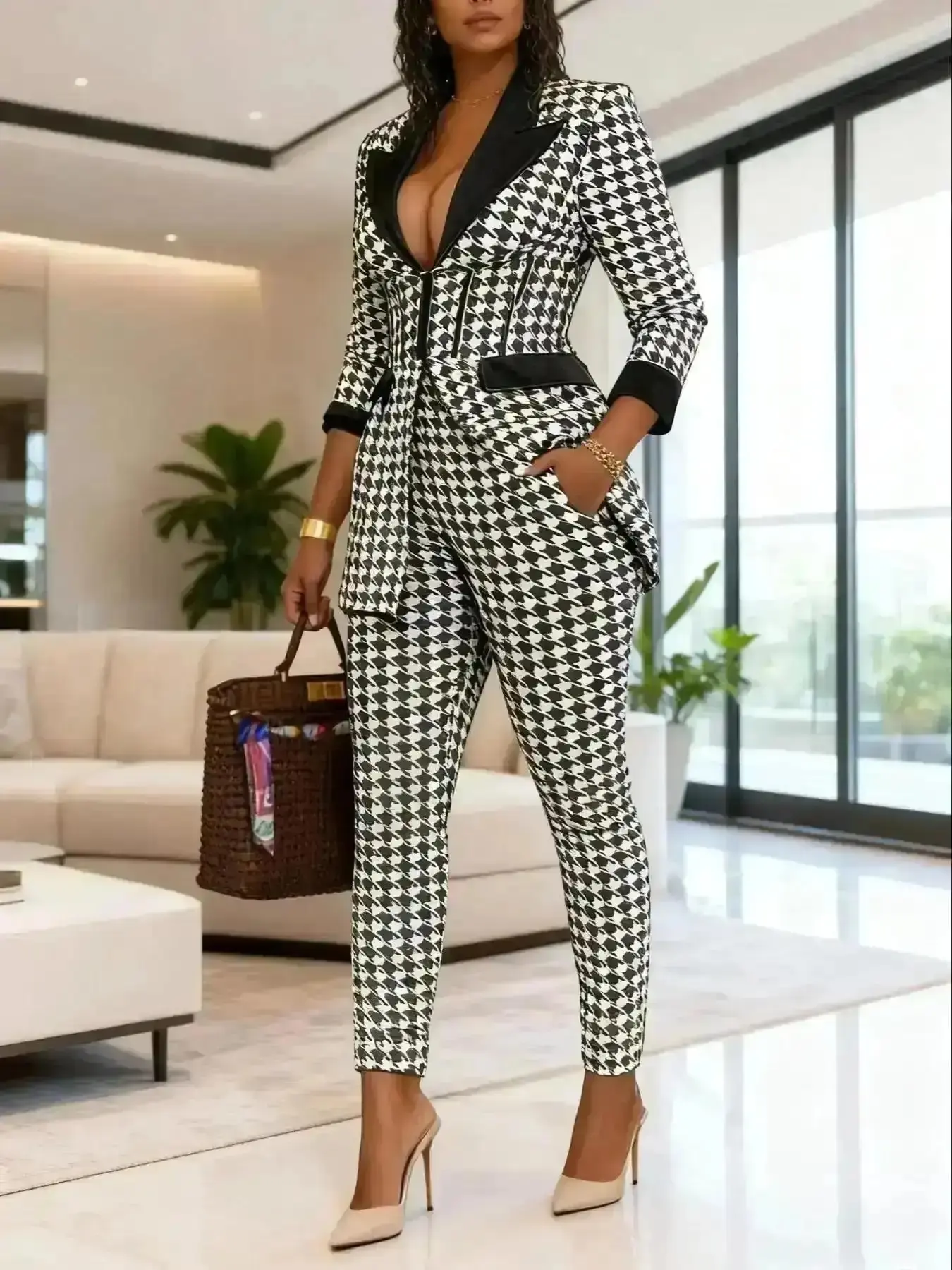 Exquisite 2026 Women's Houndstooth Print Blazer Skinny Pants Two-piece Set Elegant Formal Fashion Casual Comfy Daily Outdoor All Seasons Matching, Evening Wear, Year Round, Contemporary, Seasonless, Club Style