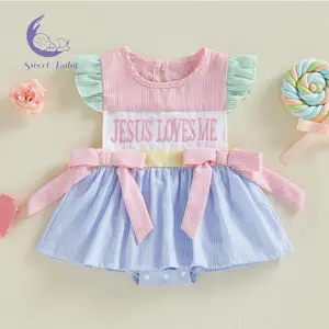 Infant Baby Girl Christian Romper Dress Summer Flying Sleeve Crew Neck Letters Embroidery Striped Jumpsuit