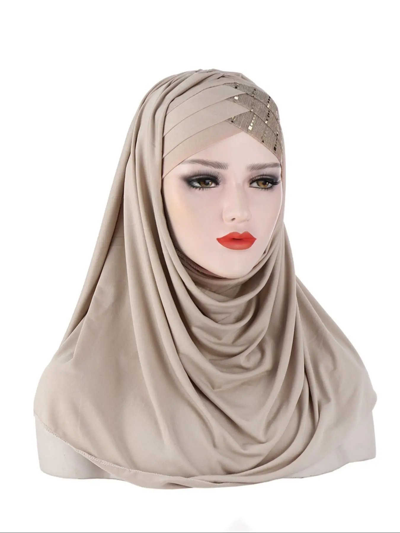 Women's Elegant Sequin Decor Ruched Design Solid Color Instant Hijab, Minimalist Modest Headscarf for Daily Wear, Fashion Accessories for Women & Girl