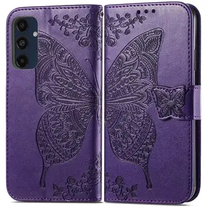 for Galaxy A16 5G Phone Case Wallet,Women Flip Cover with Credit Card Holders Butterfly Embossed PU Leather Stand Wrist Strap Purse Protective Case (Purple)