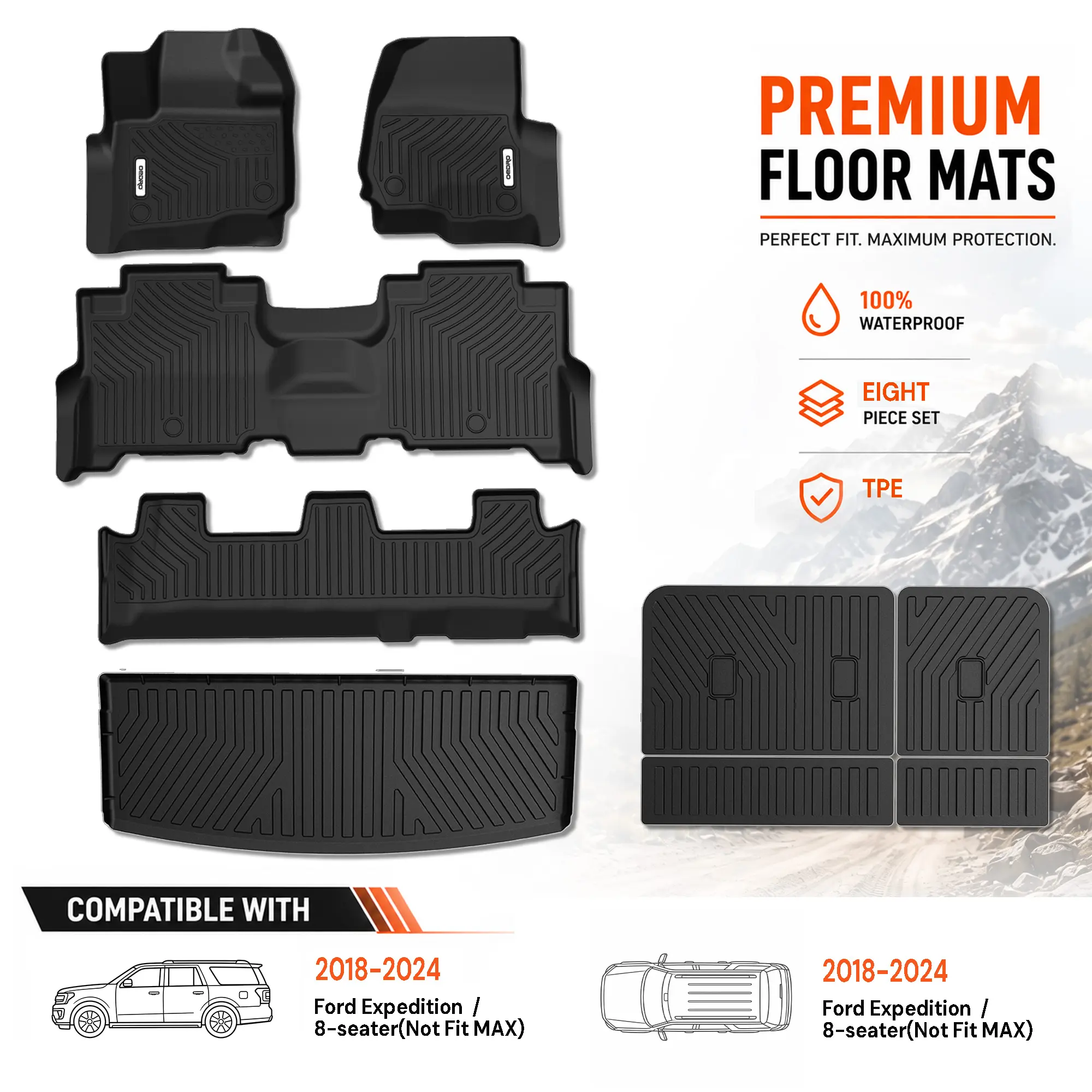OEDRO TPE Floor Mats fits 2018-2024 Ford Expedition / Expedition Max Bench, 1st, 2nd, 3rd Row & Trunk Mat & Seat Back Mat, All Weather, Waterproof