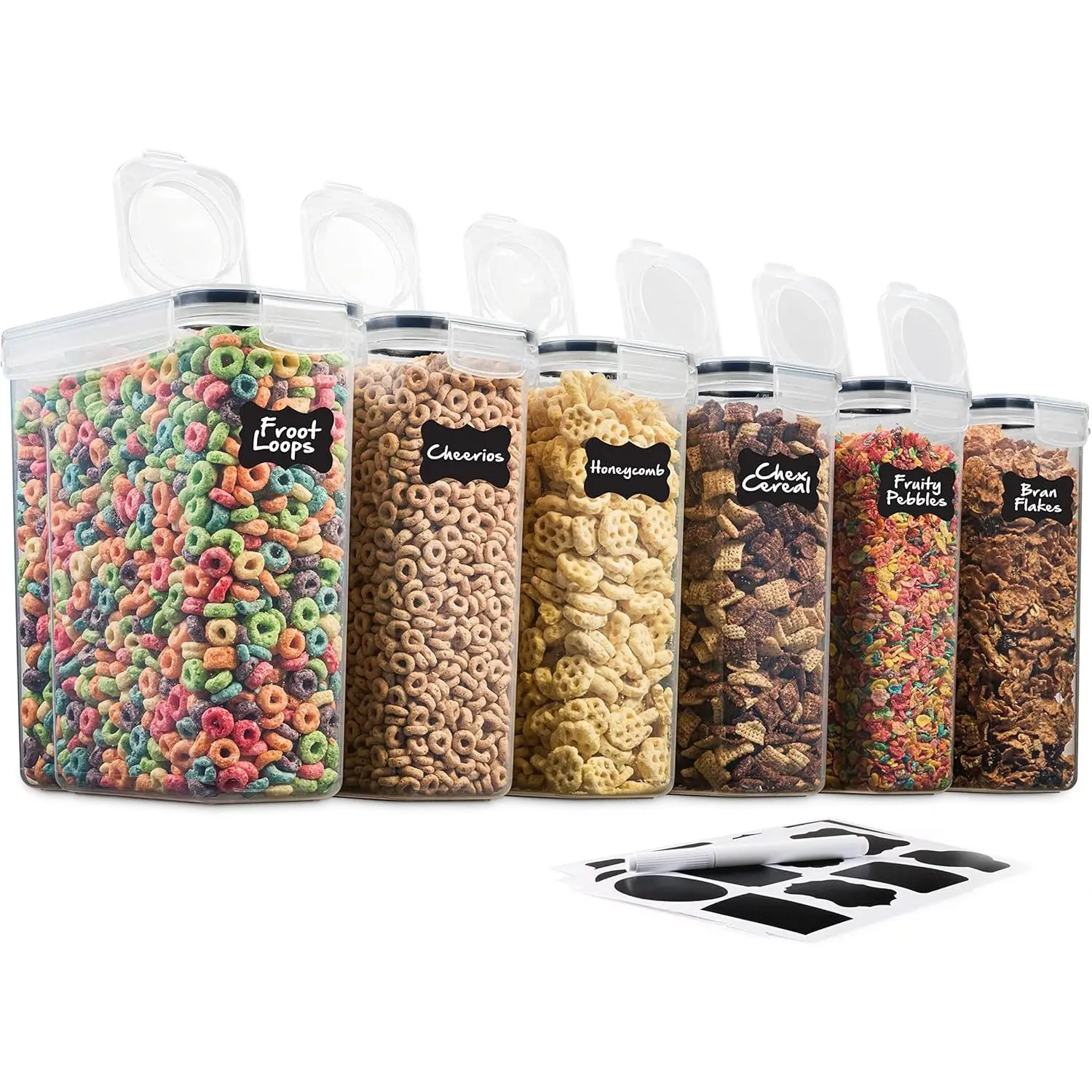 6 Pack Airtight Cereal Food Storage Container - BPA Free Plastic Kitchen and Pantry Organization Canisters for, Dry Pet Food, Flour, Sugar, Rice, Nuts, Snacks & More (135.5 Oz) Labels & Chalk Marker