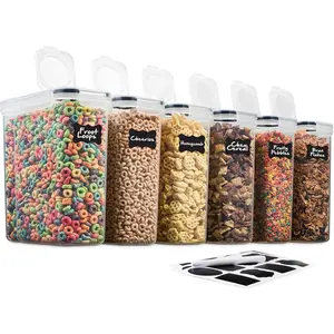 6 Pack Airtight Cereal Food Storage Container - BPA Free Plastic Kitchen and Pantry Organization Canisters for, Dry Pet Food, Flour, Sugar, Rice, Nuts, Snacks & More (135.5 Oz) Labels & Chalk Marker