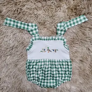 Green gingham straps duck embroidery bubble baby girls romper