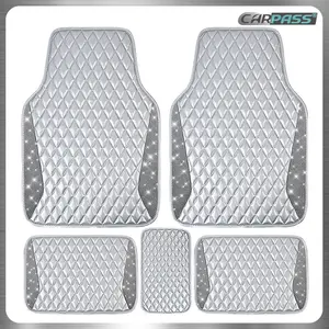 CAR PASS Bling Leather Shining Diamond Floor Mats Crystal Rhinestone Sparkly Glitter Carpet Anti-Slip Waterproof Universal Fit SUV, Sedan, Van, 5pcs