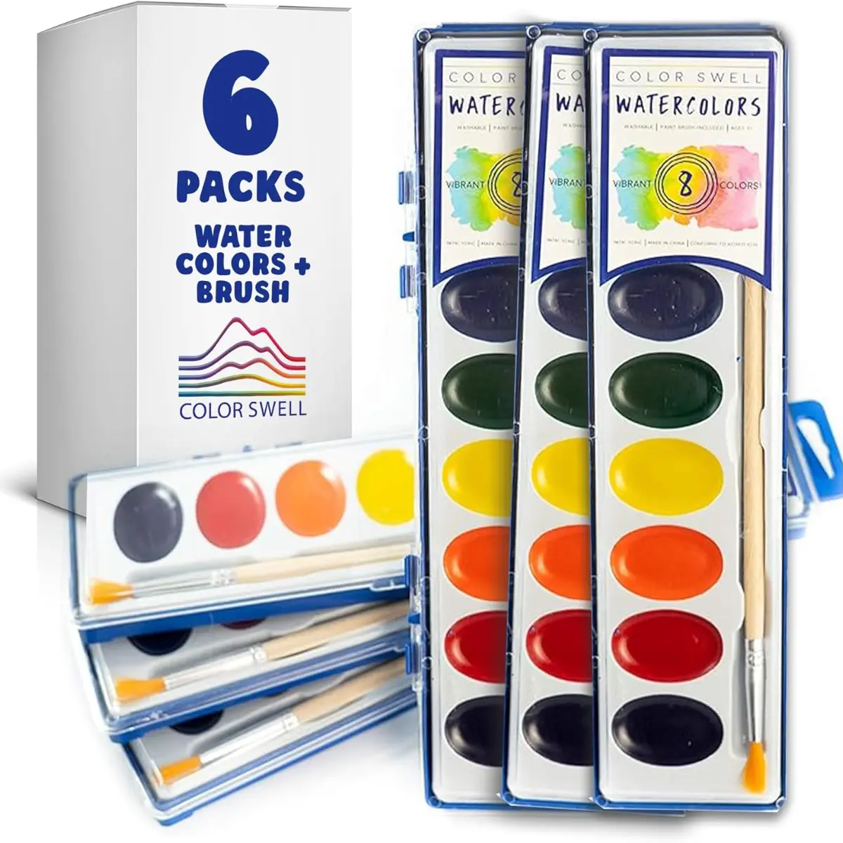 Color Swell Bulk Watercolor Paints 6 Packs Washable Non-Toxic with Wooden Brushes – Perfect for Kids, Home, School, Halloween Art Supplies Gift Set & Gifts