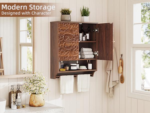 Giratree 24'' Medicine Cabinet with Carved Floral Doors, Wall Mounted Bathroom Cabinet with Towel Bar, Adjustable Shelf and Soft-Close Hinges for Small Spaces