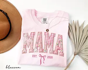 Comfort Colors Mama Est 2026 Shirt, Floral Patchwork Mama Tee With Bow, New Mom Pregnancy Announcement Gift, Baby Shower Gift, Mother's Day