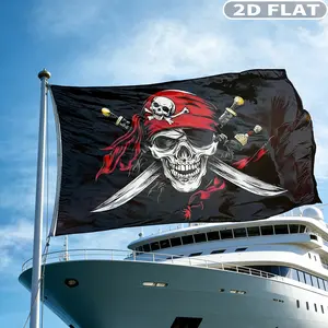 1count 2D FLAT Black Pirate Flag | 60*90cm/ 90*150cm Polyester Fabric Double Sided Jolly Roger with Red Bandana & Crossed Bones, Reinforced Stitching, 2 Brass Grommets for Outdoor/Indoor Use Easy Hanging Flag Party Decor Yard Sign Banner