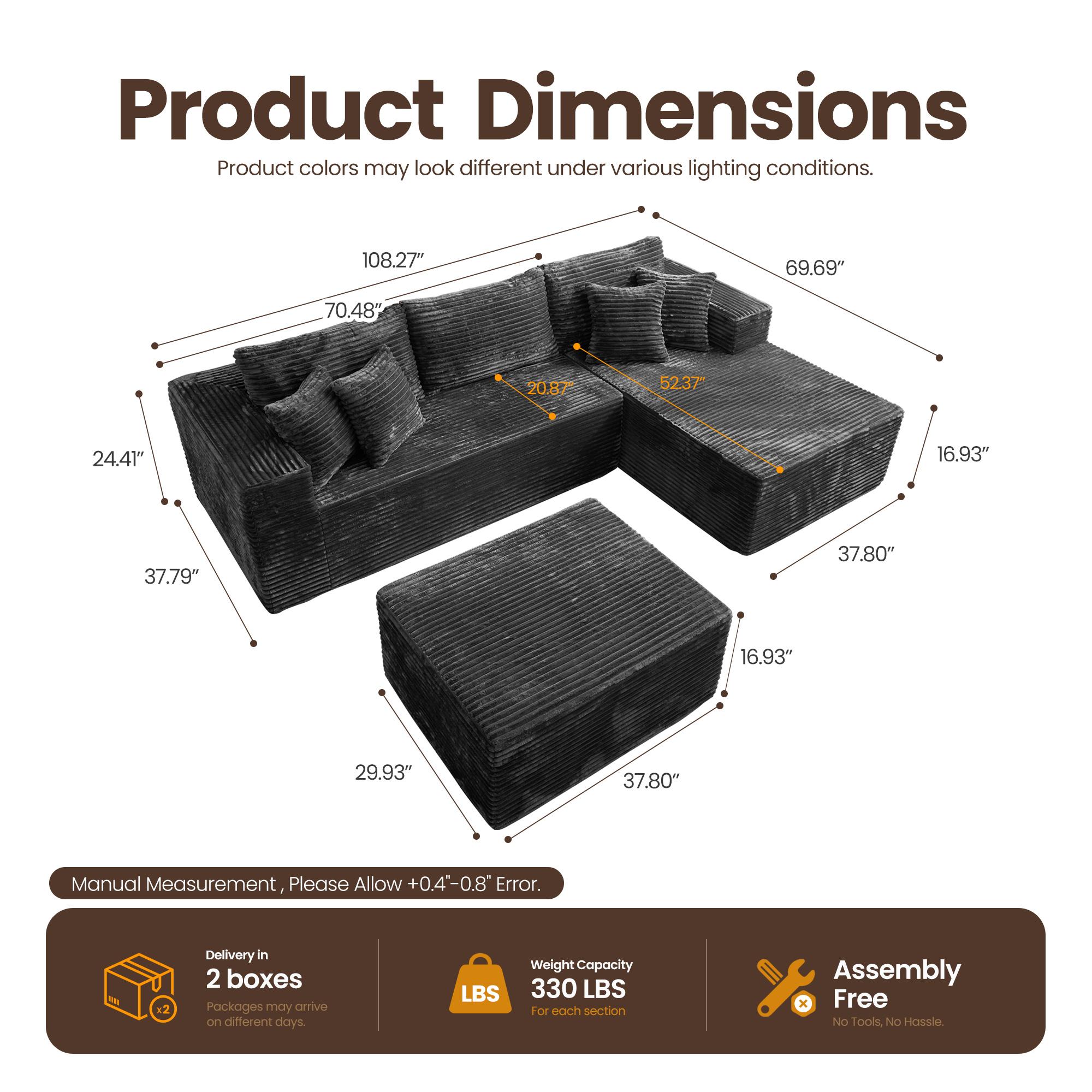108" Boneless Couch Cloud Modular Sectional Sofa, Morden Couch With Removable Ottomans & Chaise, Plush Corduroy&Deep Seat Premium High-Density Foam Couches,  No Assembly Needed for Living Room