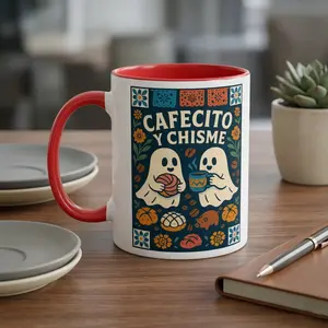 [BNB] Taza de Cerámica "Cafecito y Chisme" 11oz - Mug de Fantasmitas Cute para el Break en la Oficina, Regalo Ideal para tu Mejor Amiga, Decoración de Escritorio Aesthetic y Coquette