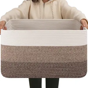 Large Blanket Basket 22"x17"x12" Rectangle Woven Baskets for Nursery Storage Living Room Toy Organizer with Handle Yellow Black Cotton Rope Woven Storage Basket