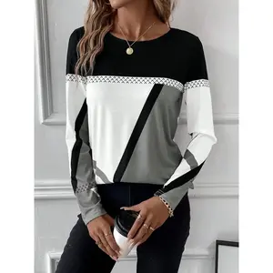 New women's round neck contrasting stitching geometric print top women's T-shirtRAIMENTRY