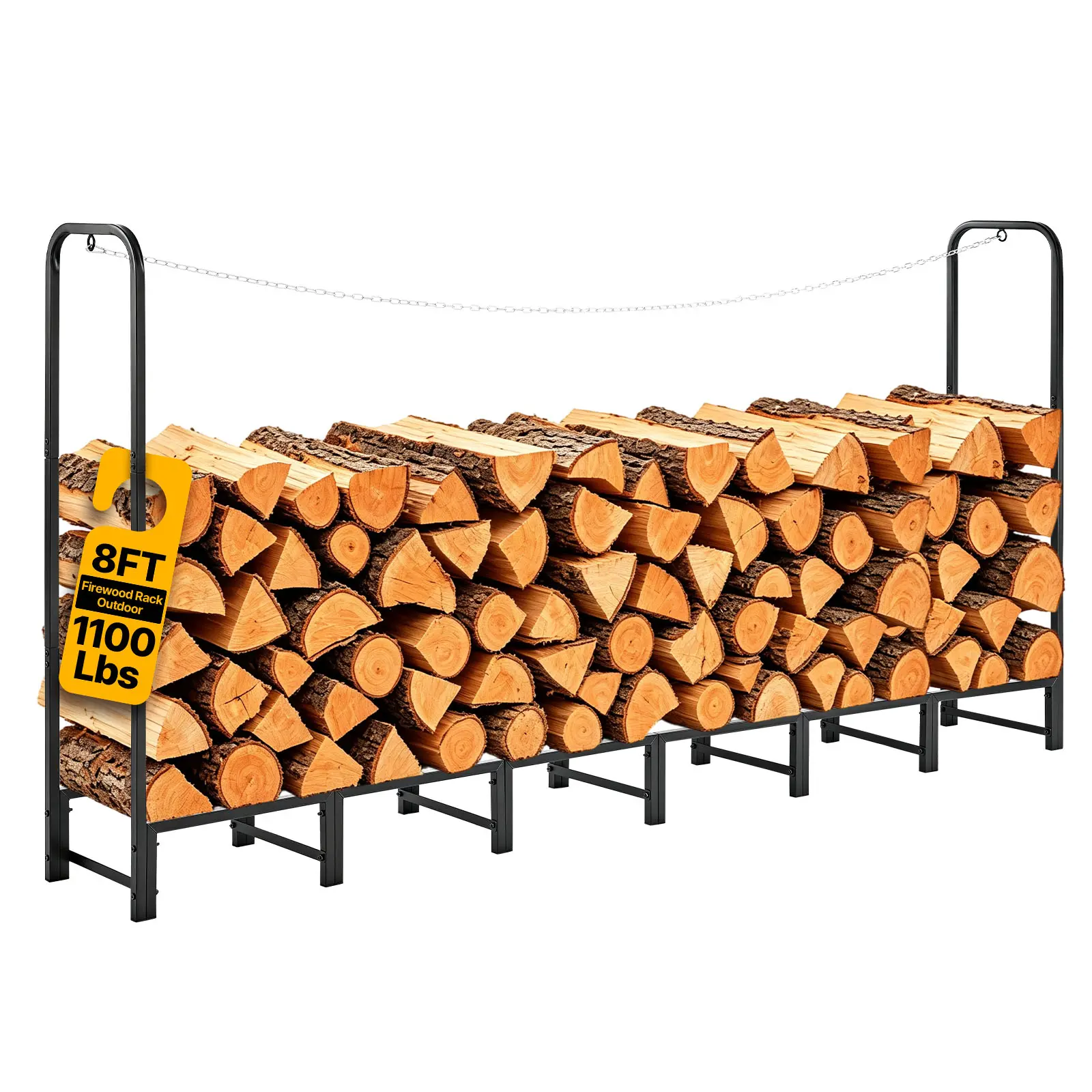 VEVOR 8ft 1/2 Cord Heavy Duty Firewood Rack, Carbon Steel Frame Storage Stand with 1100 lbs Load Capacity, Deck Compatible Outdoor Wood Organizer for Fireplace Patio, Black