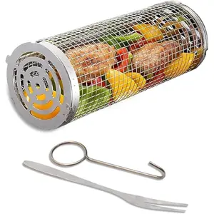 BBQ Grilling Basket with Removable Wooden Handle, Stainless Steel Rotisserie Grill Basket, Perfect for Vegetables & Meat Skewers, BBQ Accessories for Outdoor Cooking