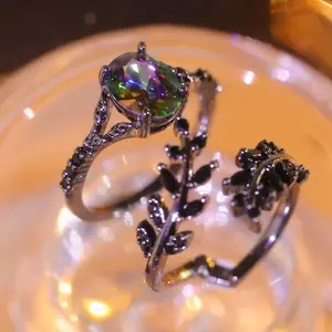 2 Pieces Luxury Leaf Ring Set with Oval Cubic Zirconia Ladies Engagement Wedding Ring Set Daily Party Holiday Anniversary Birthday Gift