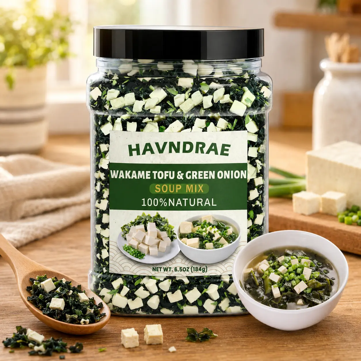 6.5oz Dry Miso Soup Mix - Instant Dried Wakame Seaweed, Tofu, Green Onion Toppings, Vegan, Clean Ingredients, Low Sodium, Quick-Soak Japanese Broth Add-In, Sturdy Jar, for Ramen, Camping Meals