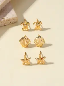 3 Pairs Oceanic Metal Starfish Shell Turtle Earrings Set, Simple Women's Beach Vacation Jewelry, Summer Dainty Jewelry, Elegant Ear Studs for Summer Style