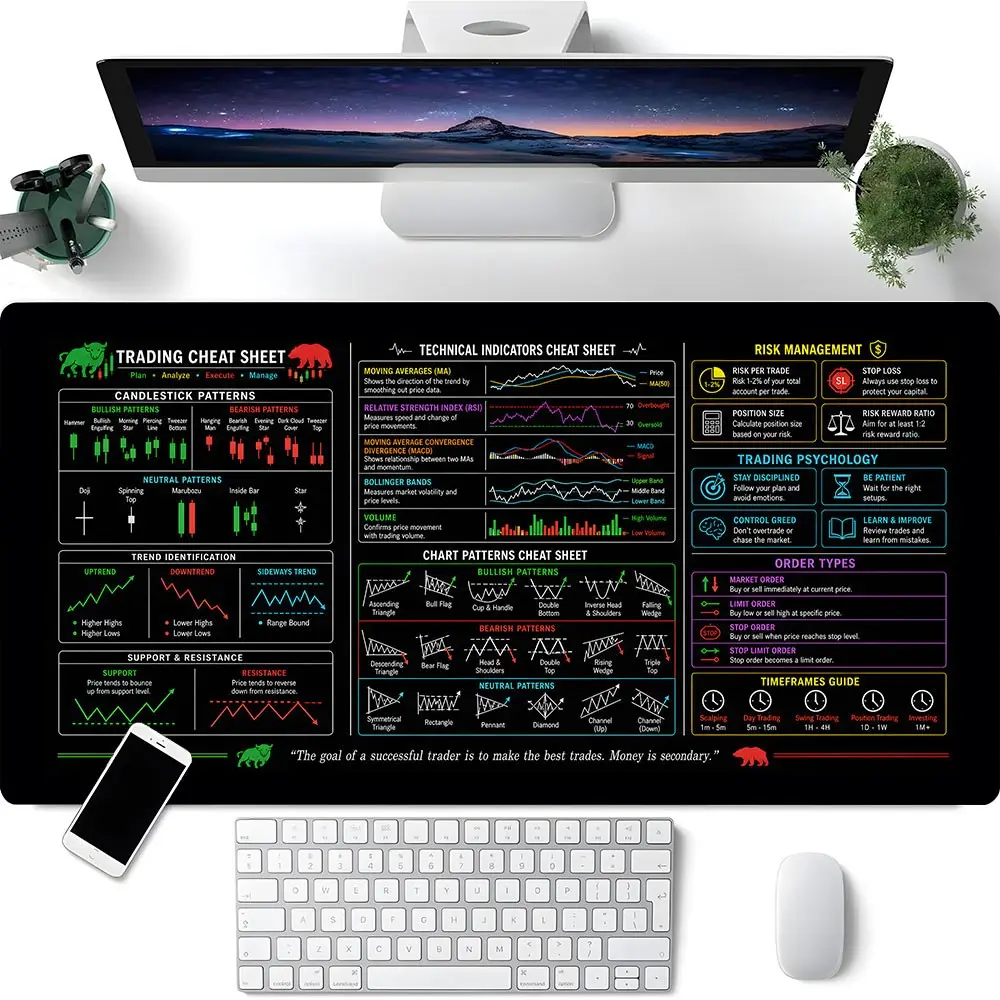 Trading Cheat Sheet Desk Mat, Large Non-Slip Extended Mousepad, Computer Mouse Pad with Stock Market Candlestick Patterns, Technical Indicators, Risk Management for Day Traders, Investors & Office Work