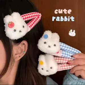 Cute Cartoon Plush Miffyi Rabbit Bunny Checkered Hair Clip | Sweet Fringe Side Bending Bending Clip Miffy Brand Hair Clip