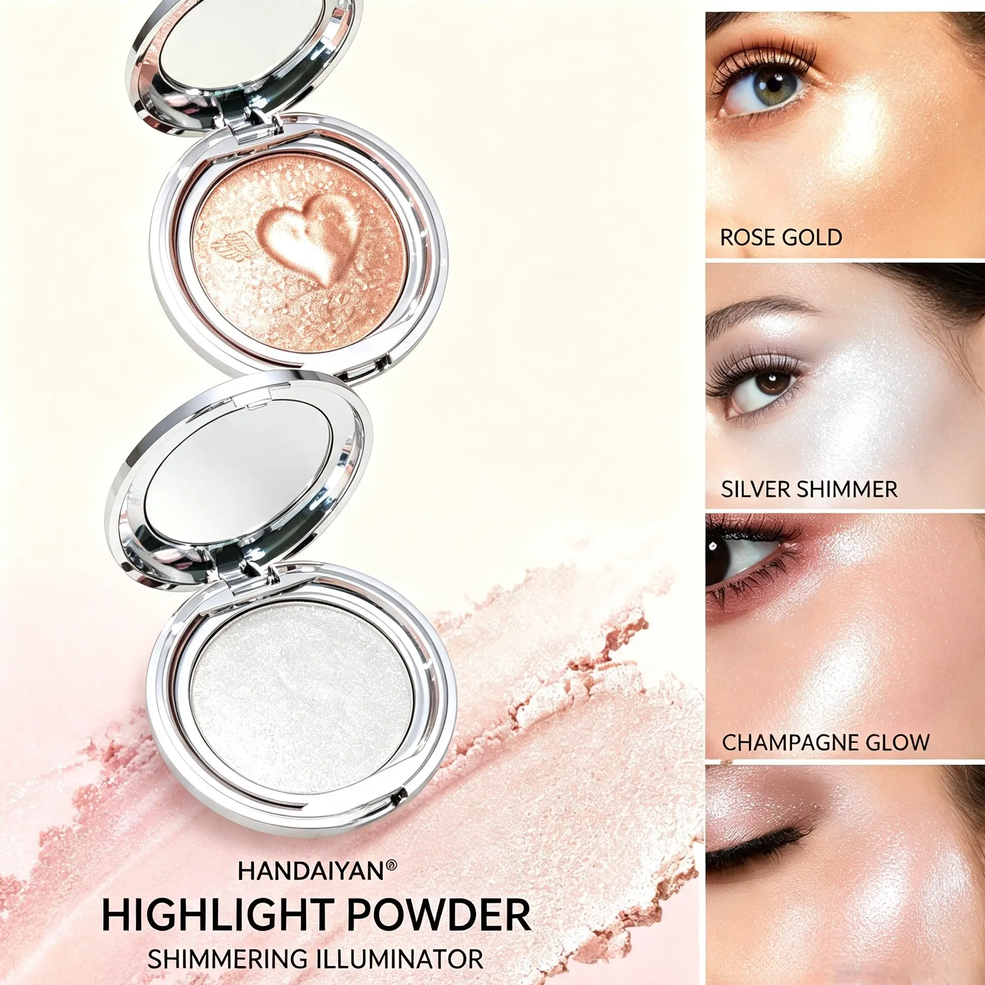 Shimmer Highlighter Powder - Gentle Cosmetic for Daily Radiant Glow, Travel & Work Use, Smooth, Lightweight, Buildable Glowing Makeup, Talc-Free Vegan Formula with Mirror, 10g