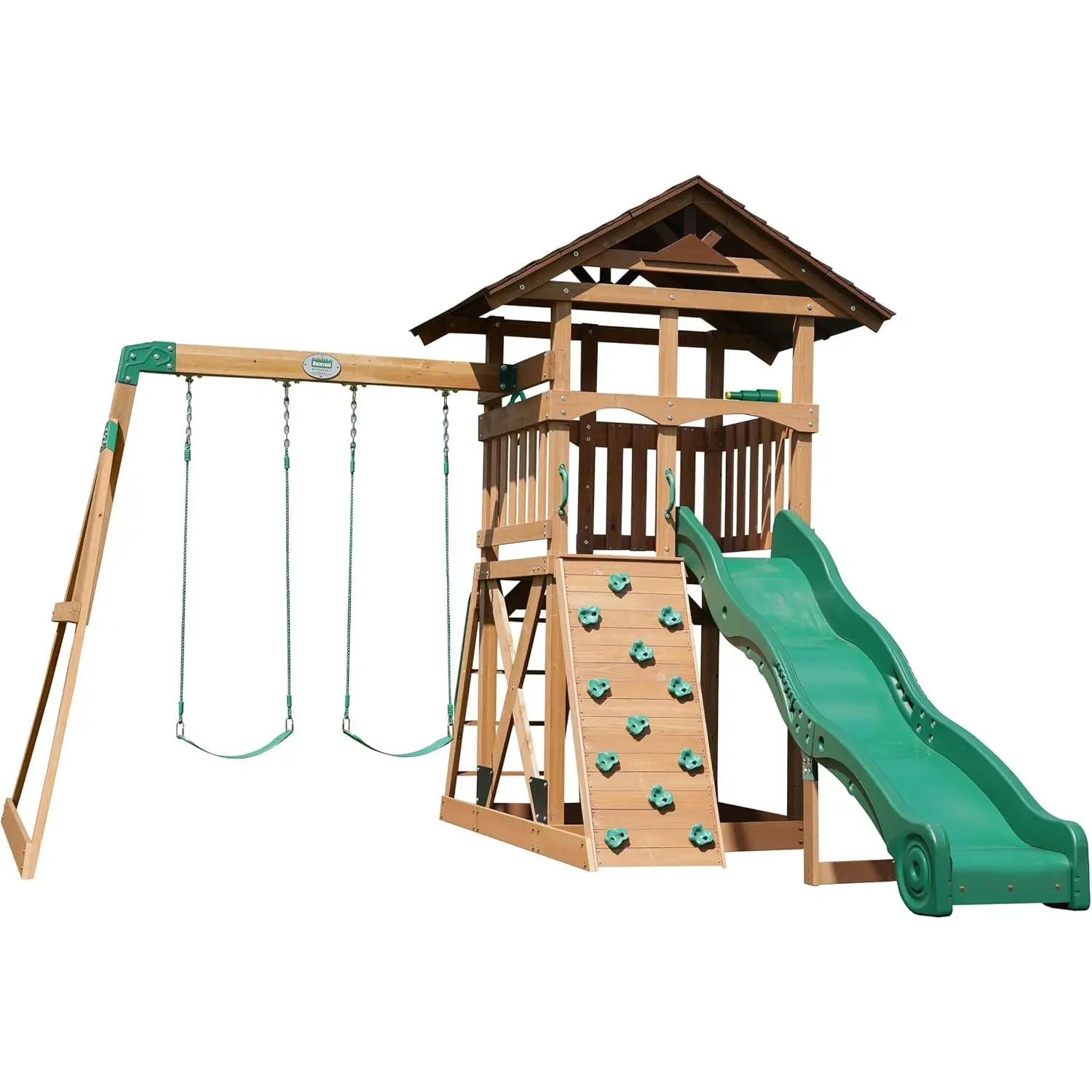 Backyard Discovery Lightning Ridge Cedar Wood Swing Set with Wave Slide, Play Deck, Rock Wall, Sandbox, Belt Swings, Toy Telescope, Steering Wheel, Step Ladder, Outdoor Playset
