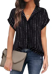 Women's Short Sleeve Chiffon Blouses for Office Work Business Attire Collared Shirts with Lapel V-neck & Drop Sleeve Design Casual Fabric