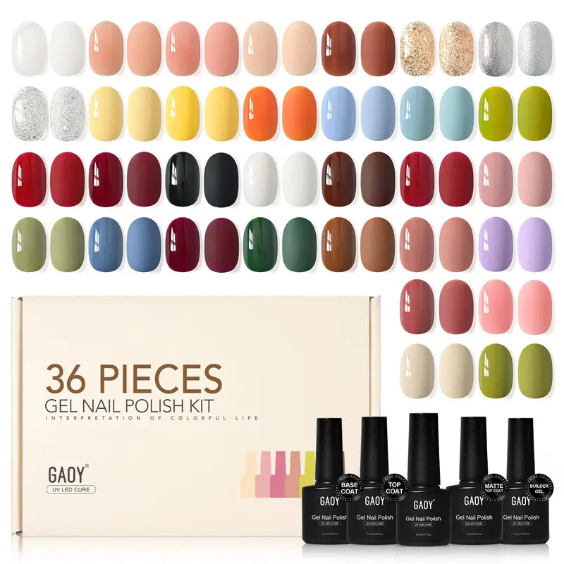 GAOY 36 Pcs Gel Nail Polish Set, 32 All Season Colorful Colors | With Base Glossy Matte Top Coat, Builder Gel, UV Lamp Required, Nude Blue Green Red White Yellow Glitter, Gifts for Women