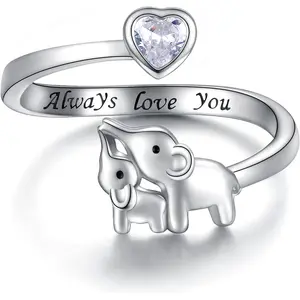 Mom Daughter Elephant Ring 925 Sterling Silver Adjustable Love Heart Finger Rings Pendant for Women Wife Mom Nana Daughter Jewelry Gift