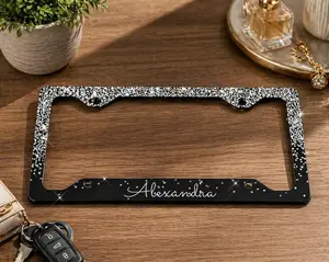 Personalized License Plate Frame, Custom Name Car Tag Frame, Black Glitter Bling Plate Frame, Cute Car Accessory Gift for Her
