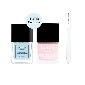 butter LONDON Clean Girl Minimal Nail Set – Sheer Glossy Nail Kit for Natural Polished Nails + Pure Colour 21X Nail Lacquer, Glass Nail File & UV Shine Topcoat