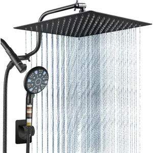 12 Inch All Metal 3-Way Rain Shower Head, High Pressure Shower Head, Dual Shower Heads with Handheld Spray Combo - Upgrade Extension Arm Height Adjustable - 9 Spray Filtered Shower Head, Black