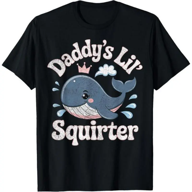Unisex Multi-Size Soft Fabric Vintage Print Kids Baby Graphic T-Shirt - Daddy's Lil' Squirter, Cute Crown Whale Double Meaning Design, Baby Shower Apparel (No Box Included)